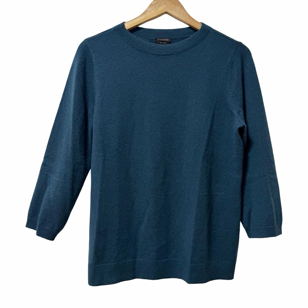 Talbots Womens Cashmere 3/4 Sleeve Crew Neck Sweater Size L Teal Blue Quiet Luxe